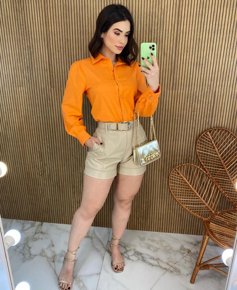 Camisa Feminina Manga Longa Botões Dourados Laranja - Fernanda Ramos Store