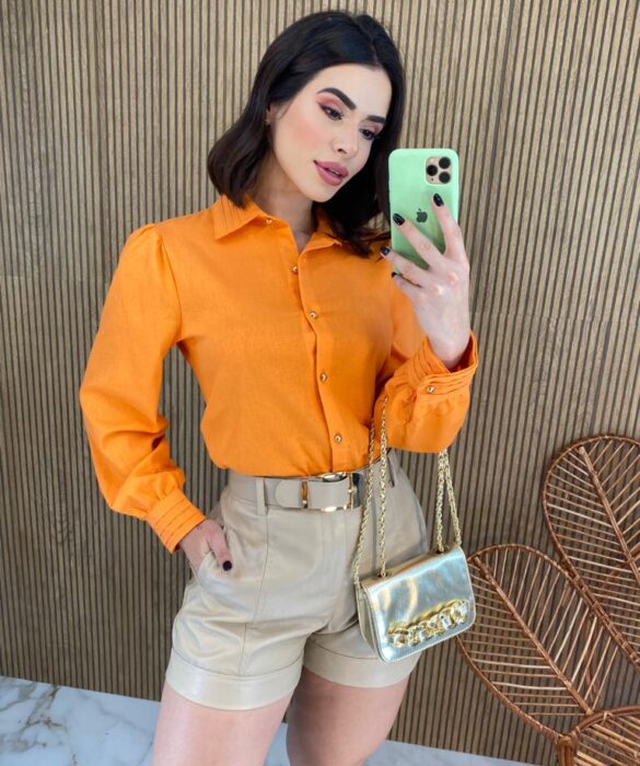 Camisa Feminina Manga Longa Botões Dourados Laranja - Fernanda Ramos Store