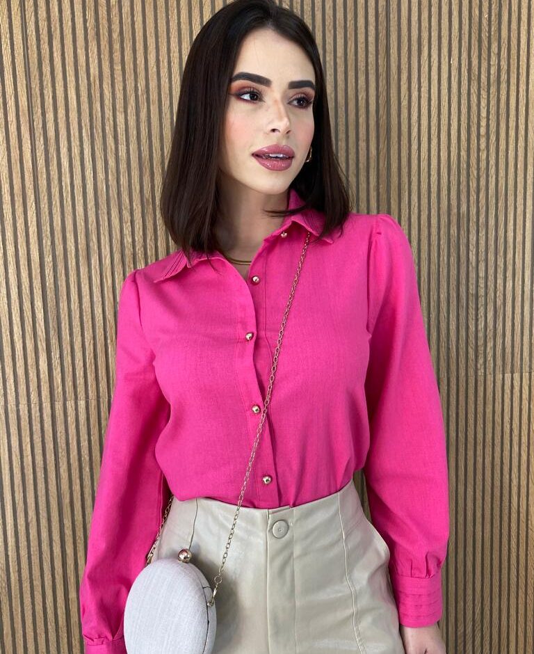 Camisa Feminina Manga Longa Botões Dourados Pink - Fernanda Ramos Store