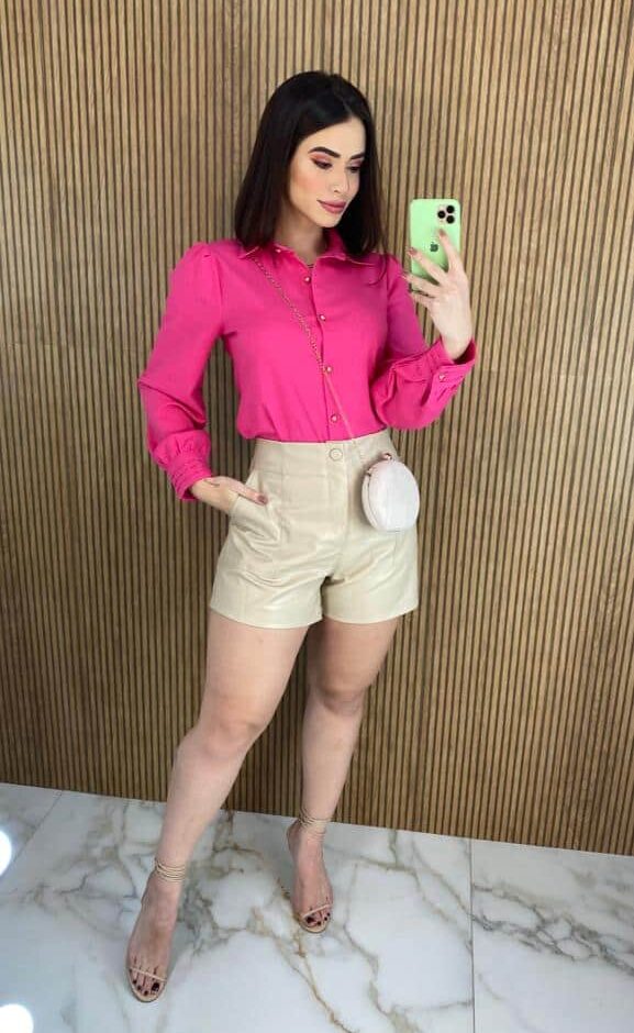 Camisa Feminina Manga Longa Botões Dourados Pink - Fernanda Ramos Store