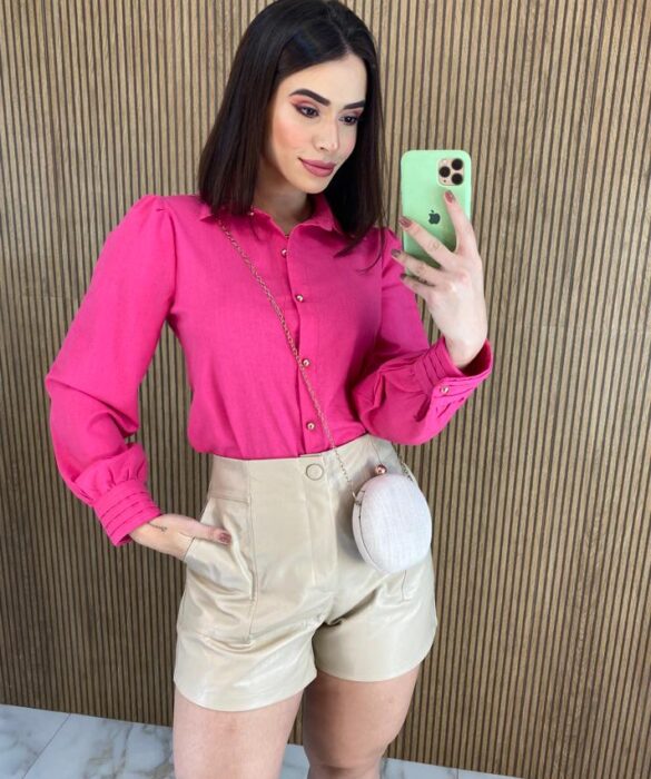 Camisa Feminina Manga Longa Botões Dourados Pink Fernanda Ramos Store