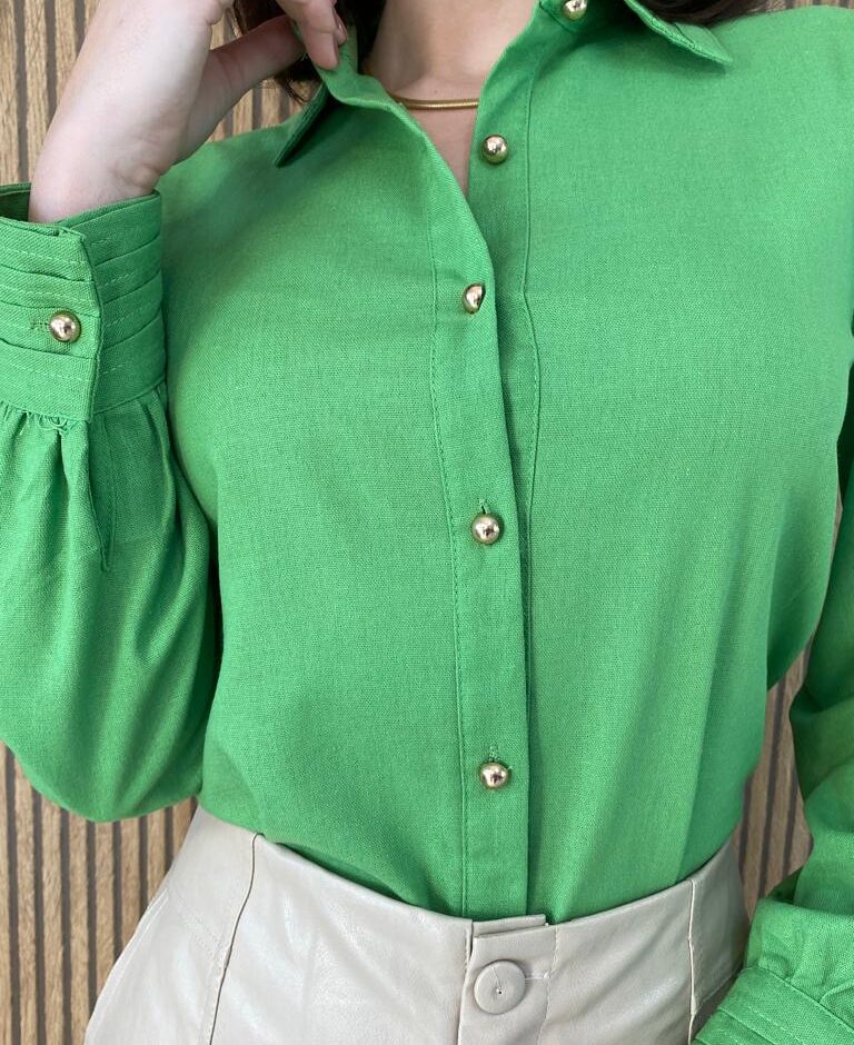 Camisa Feminina Manga Longa Botões Dourados Verde - Fernanda Ramos Store