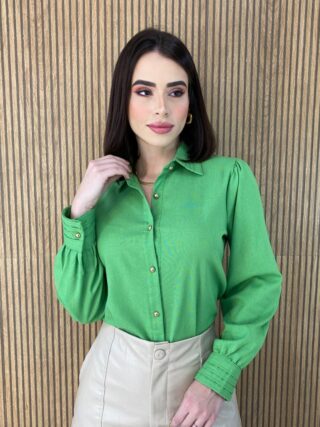 Camisa Feminina Manga Longa Botões Dourados Verde - Fernanda Ramos Store