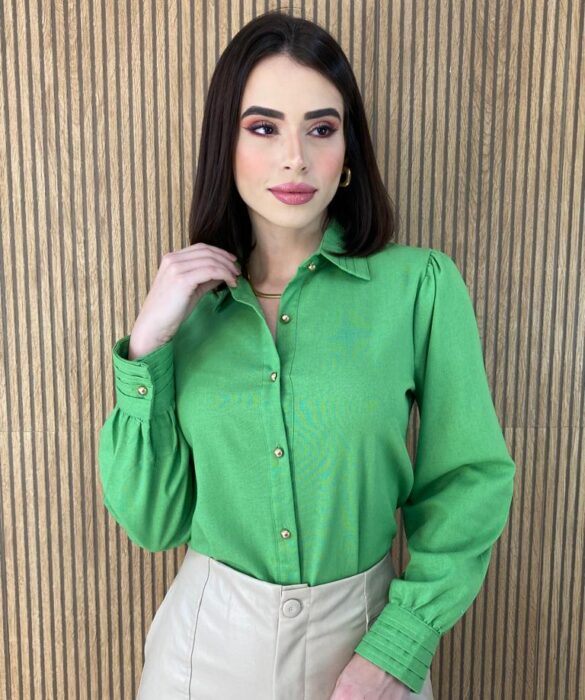 Camisa Feminina Manga Longa Botões Dourados Verde - Fernanda Ramos Store