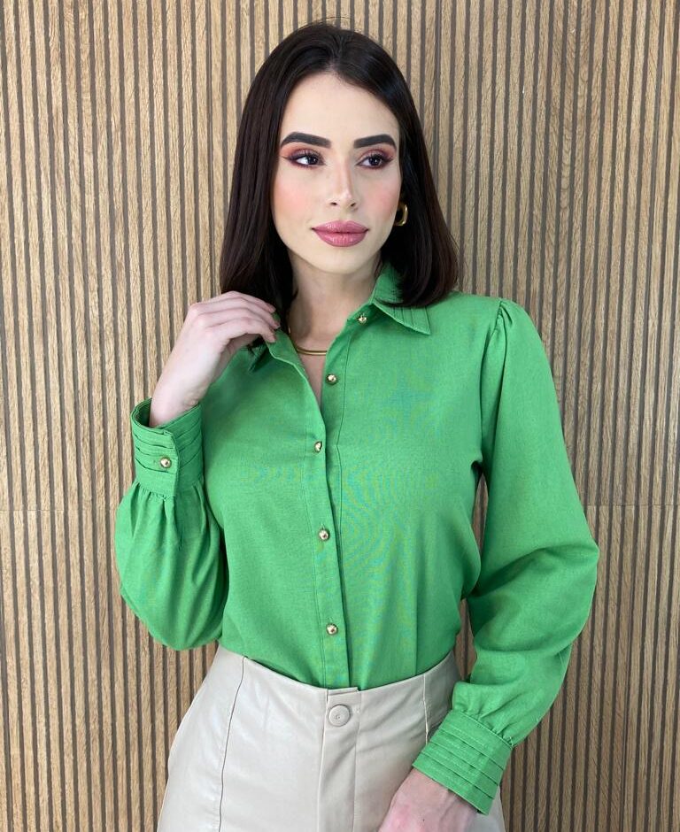 Camisa Feminina Manga Longa Botões Dourados Verde - Fernanda Ramos Store