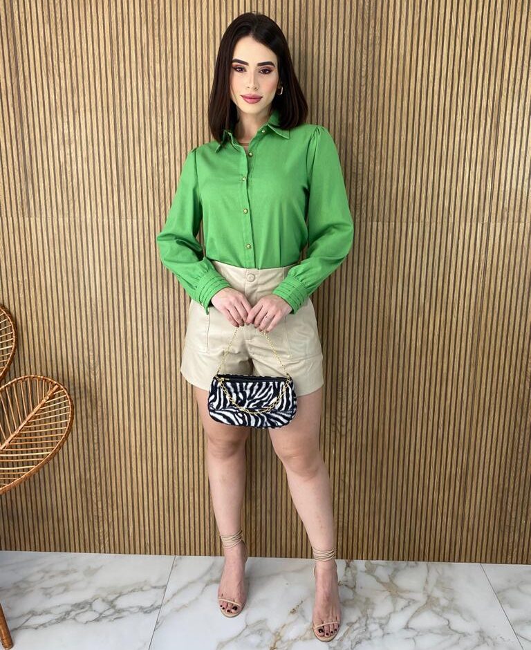 Camisa Feminina Manga Longa Botões Dourados Verde - Fernanda Ramos Store