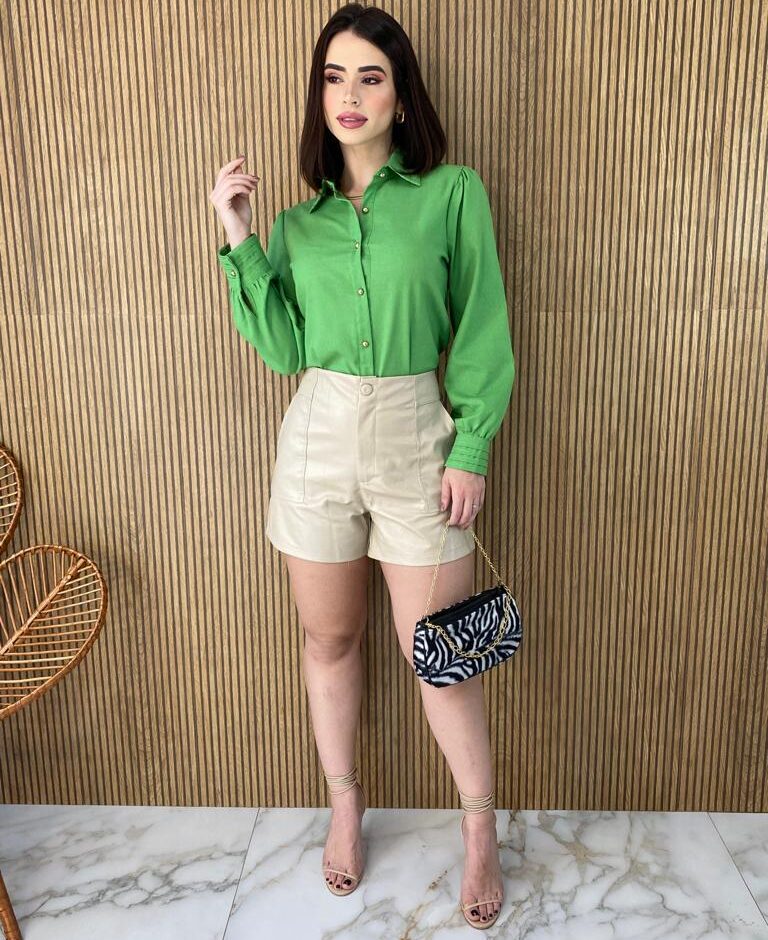 Camisa Feminina Manga Longa Botões Dourados Verde - Fernanda Ramos Store