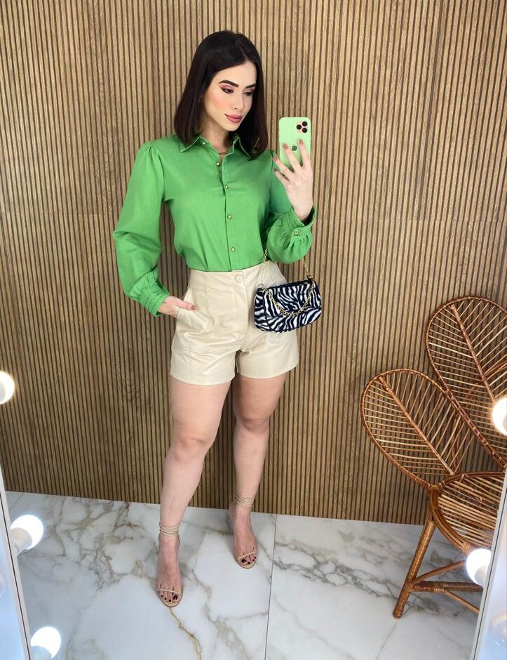 Camisa Feminina Manga Longa Botões Dourados Verde - Fernanda Ramos Store