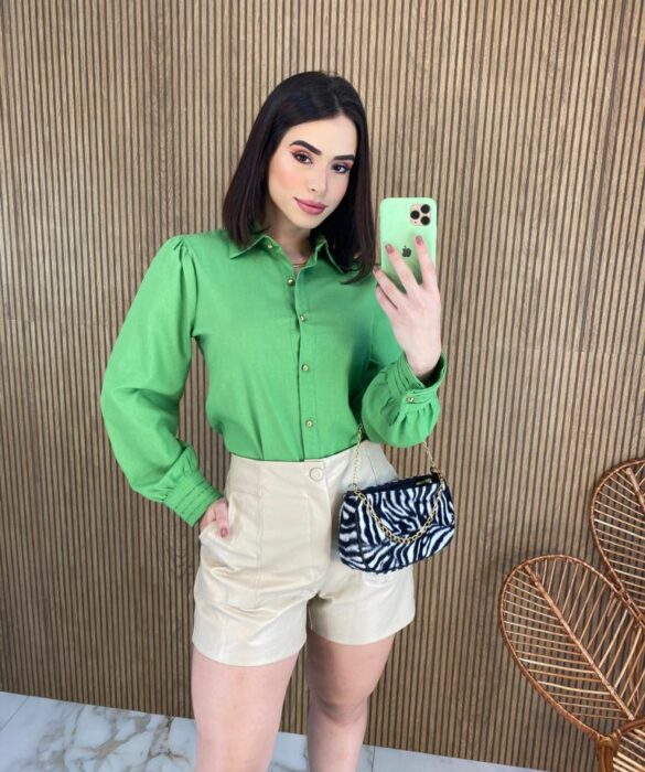 Camisa Feminina Manga Longa Botões Dourados Verde - Fernanda Ramos Store