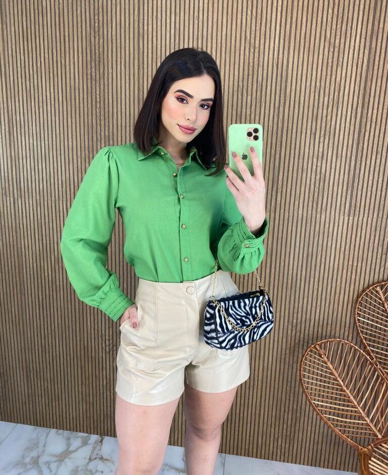 Camisa Feminina Manga Longa Botões Dourados Verde - Fernanda Ramos Store