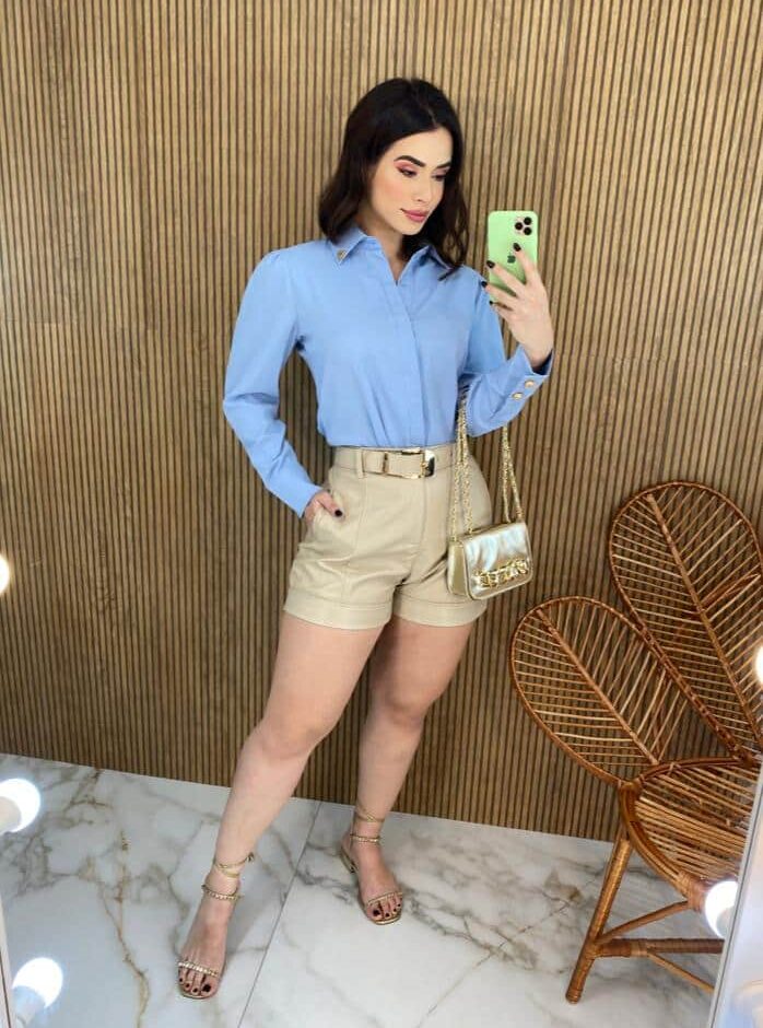 Camisa Feminina Manga Longa Detalhes Dourado Azul - Fernanda Ramos Store