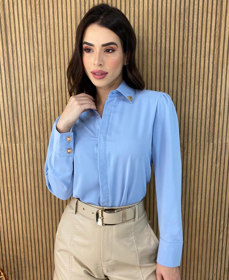 Camisa Feminina Manga Longa Detalhes Dourado Azul - Fernanda Ramos Store