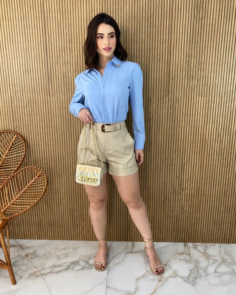 Camisa Feminina Manga Longa Detalhes Dourado Azul - Fernanda Ramos Store
