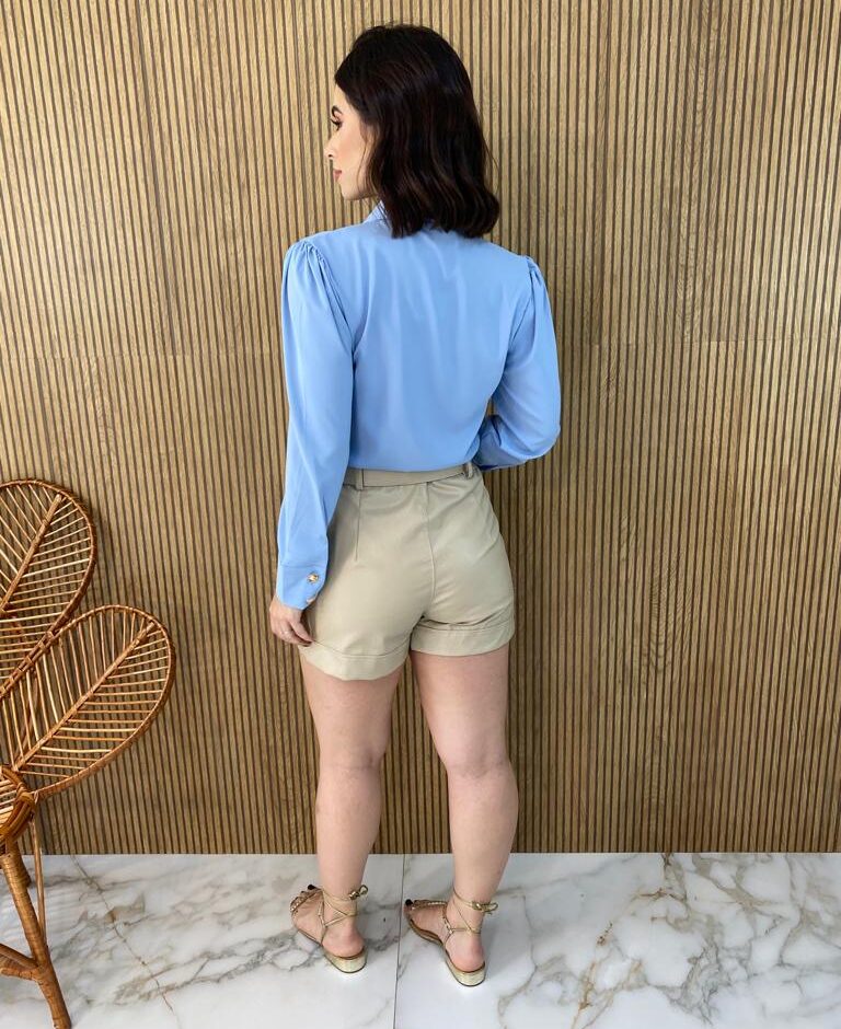 Camisa Feminina Manga Longa Detalhes Dourado Azul - Fernanda Ramos Store