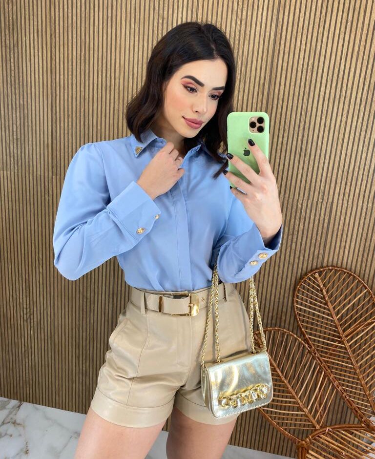 Camisa Feminina Manga Longa Detalhes Dourado Azul - Fernanda Ramos Store