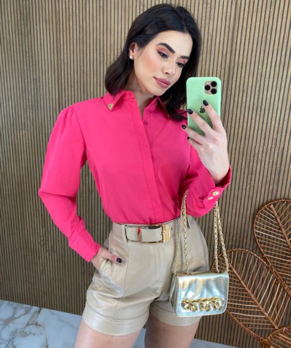 Camisa Feminina Manga Longa Detalhes Dourado Pink Fernanda Ramos Store