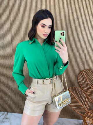 Camisa Feminina Manga Longa Detalhes Dourado Verde - Fernanda Ramos Store