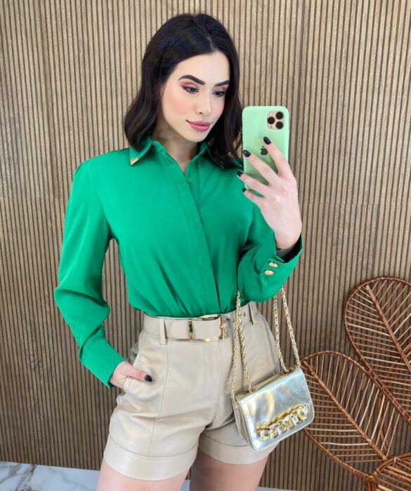 Camisa Feminina Manga Longa Detalhes Dourado Verde - Fernanda Ramos Store