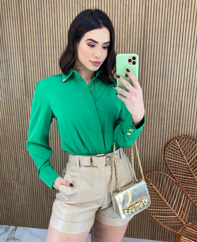 Camisa Feminina Manga Longa Detalhes Dourado Verde - Fernanda Ramos Store
