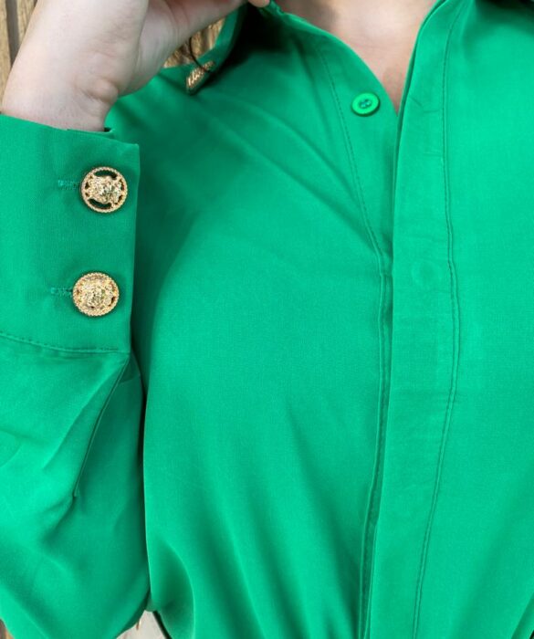 Camisa Feminina Manga Longa Detalhes Dourado Verde - Fernanda Ramos Store