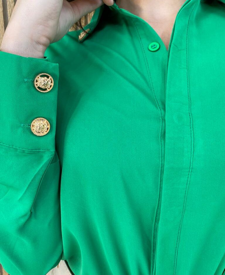 Camisa Feminina Manga Longa Detalhes Dourado Verde - Fernanda Ramos Store