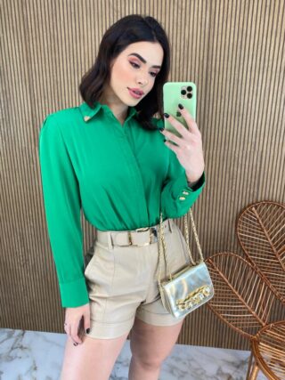 Camisa Feminina Manga Longa Detalhes Dourado Verde - Fernanda Ramos Store