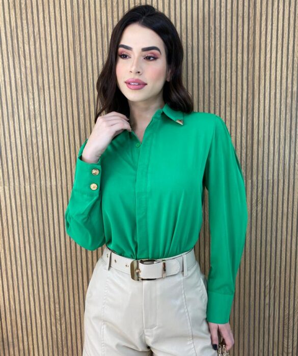 Camisa Feminina Manga Longa Detalhes Dourado Verde - Fernanda Ramos Store