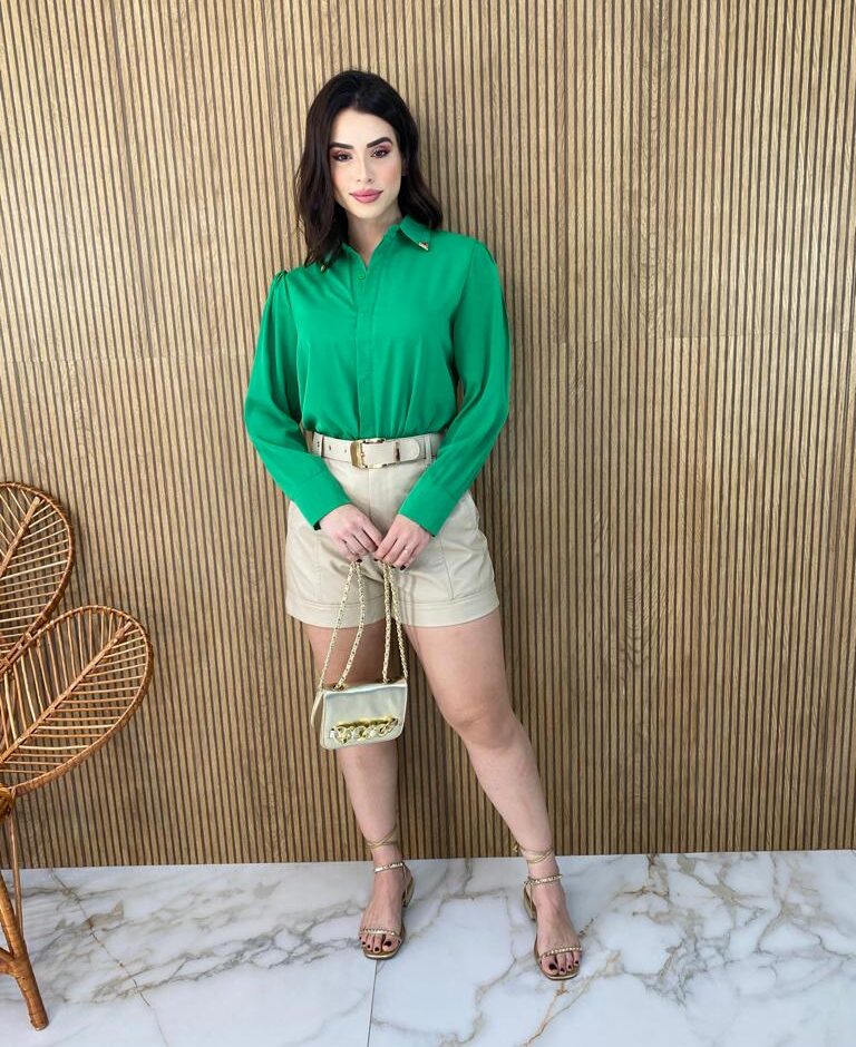 Camisa Feminina Manga Longa Detalhes Dourado Verde - Fernanda Ramos Store