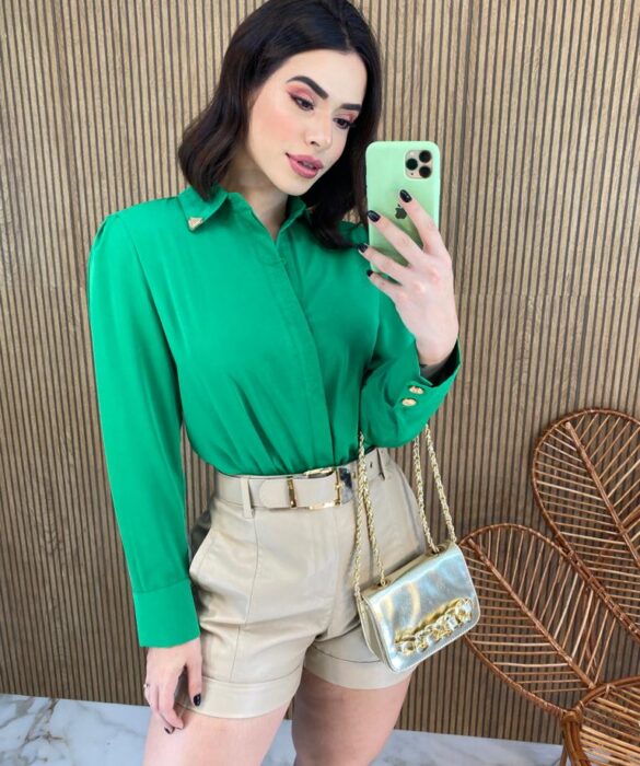 Camisa Feminina Manga Longa Detalhes Dourado Verde - Fernanda Ramos Store