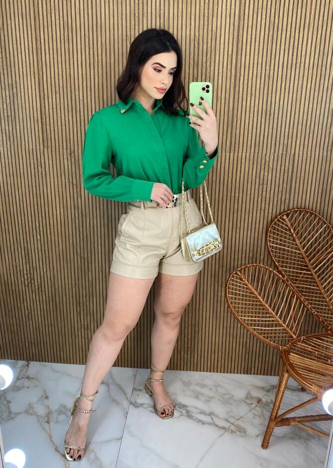 Camisa Feminina Manga Longa Detalhes Dourado Verde - Fernanda Ramos Store