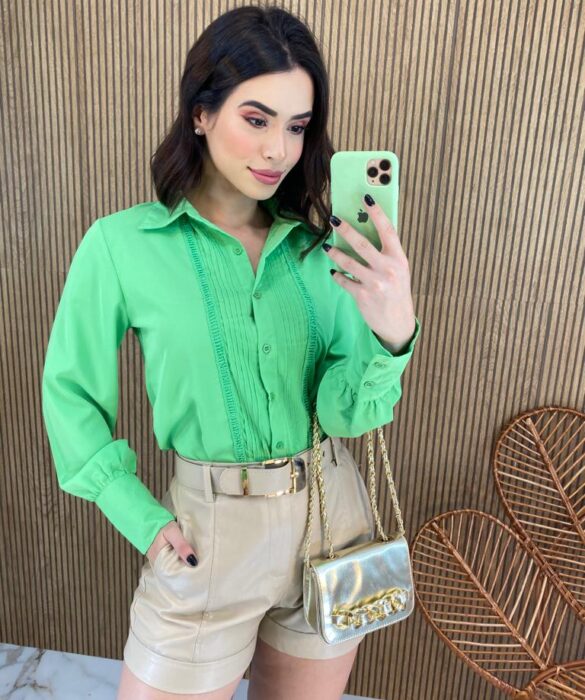 Camisa Feminina Manga Longa Leticia Verde Fernanda Ramos Store