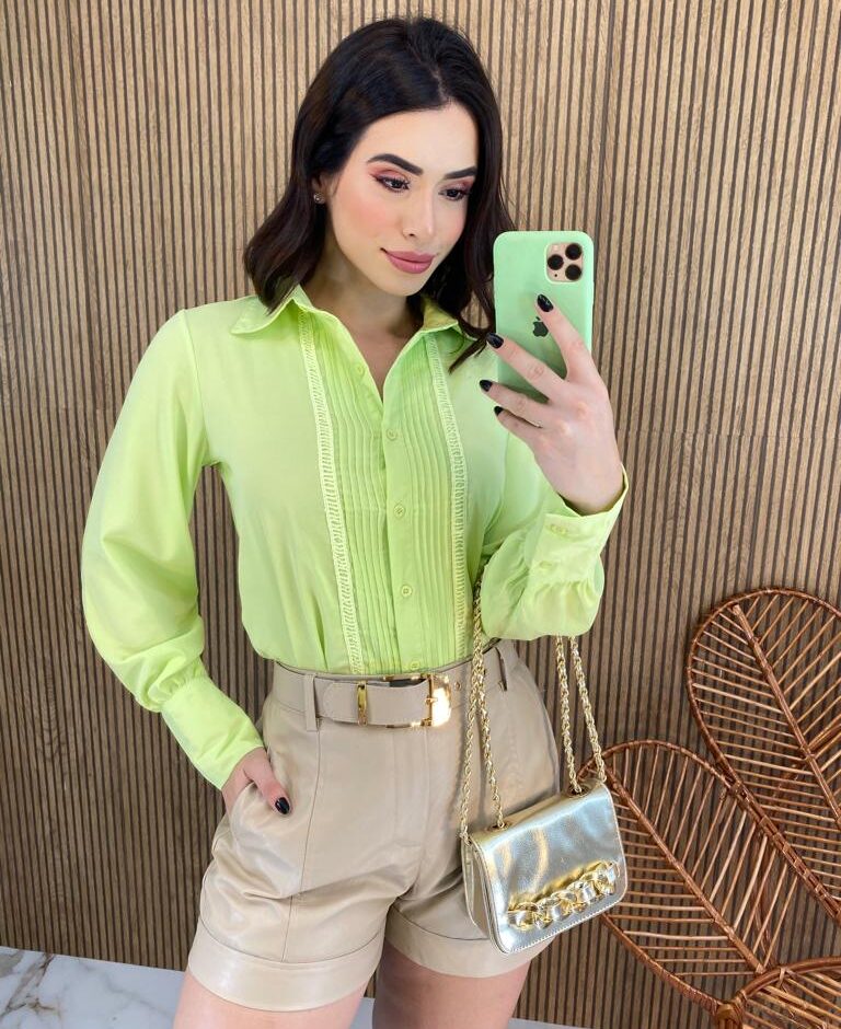 Camisa Feminina Manga Longa Leticia Verde Lima - Fernanda Ramos Store