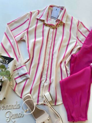 Camisa Feminina Manga Longa Listras Rosa - Fernanda Ramos Store