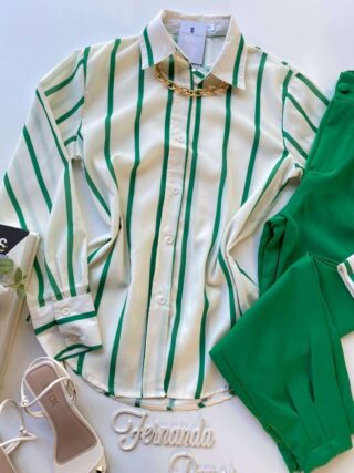 Camisa Feminina Manga Longa Listras Verde - Fernanda Ramos Store