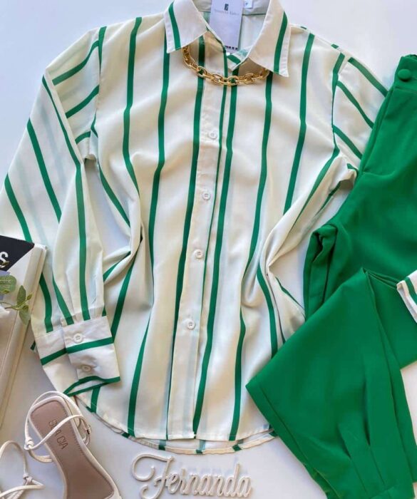 Camisa Feminina Manga Longa Listras Verde - Fernanda Ramos Store