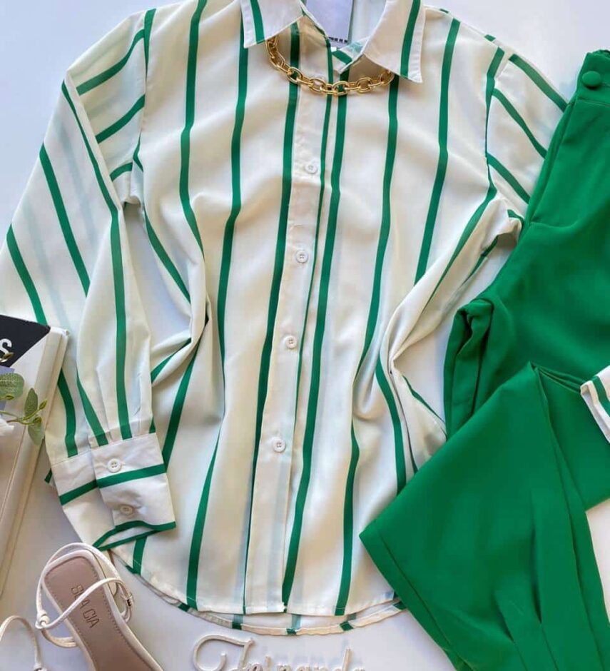 Camisa Feminina Manga Longa Listras Verde - Fernanda Ramos Store