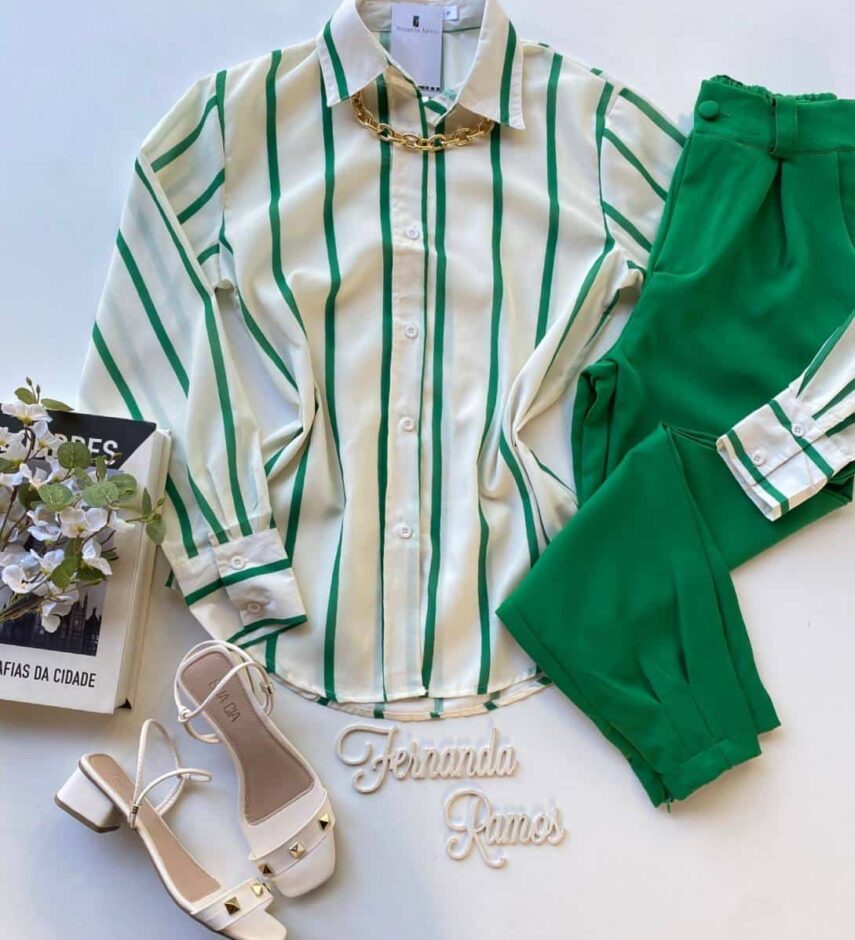 Camisa Feminina Manga Longa Listras Verde - Fernanda Ramos Store