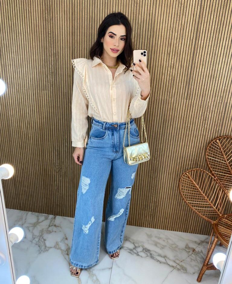 Camisa Feminina Manga Longa Luna com Detalhe Bege - Fernanda Ramos Store