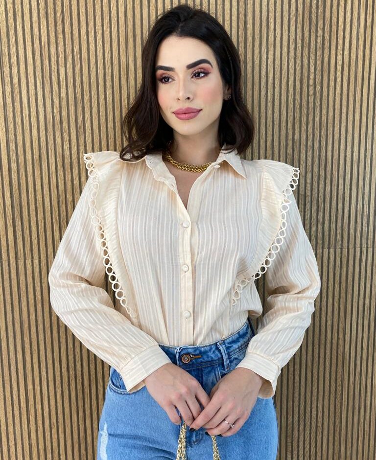 Camisa Feminina Manga Longa Luna com Detalhe Bege - Fernanda Ramos Store