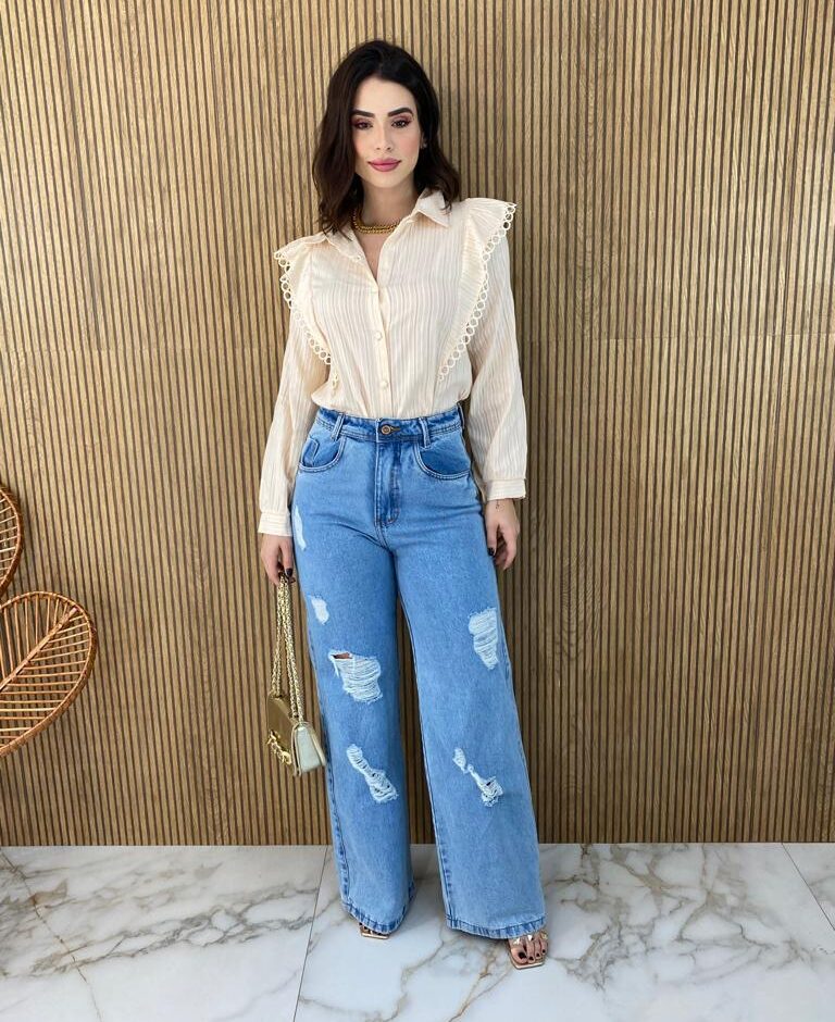 Camisa Feminina Manga Longa Luna com Detalhe Bege - Fernanda Ramos Store