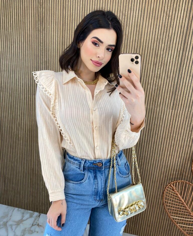 Camisa Feminina Manga Longa Luna com Detalhe Bege - Fernanda Ramos Store