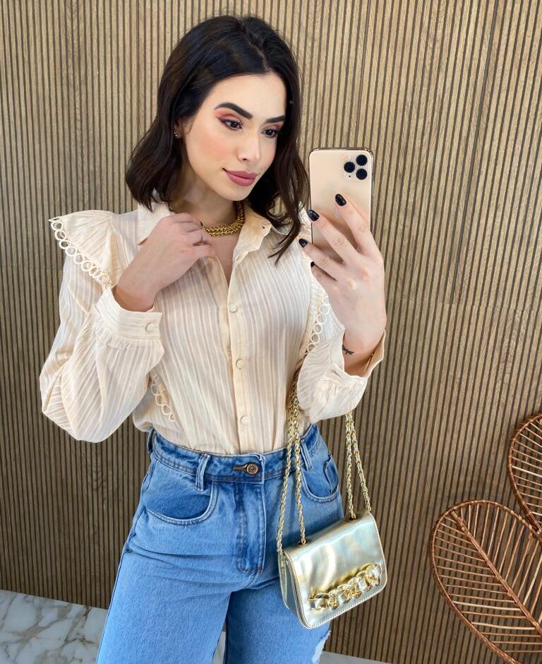Camisa Feminina Manga Longa Luna com Detalhe Bege - Fernanda Ramos Store