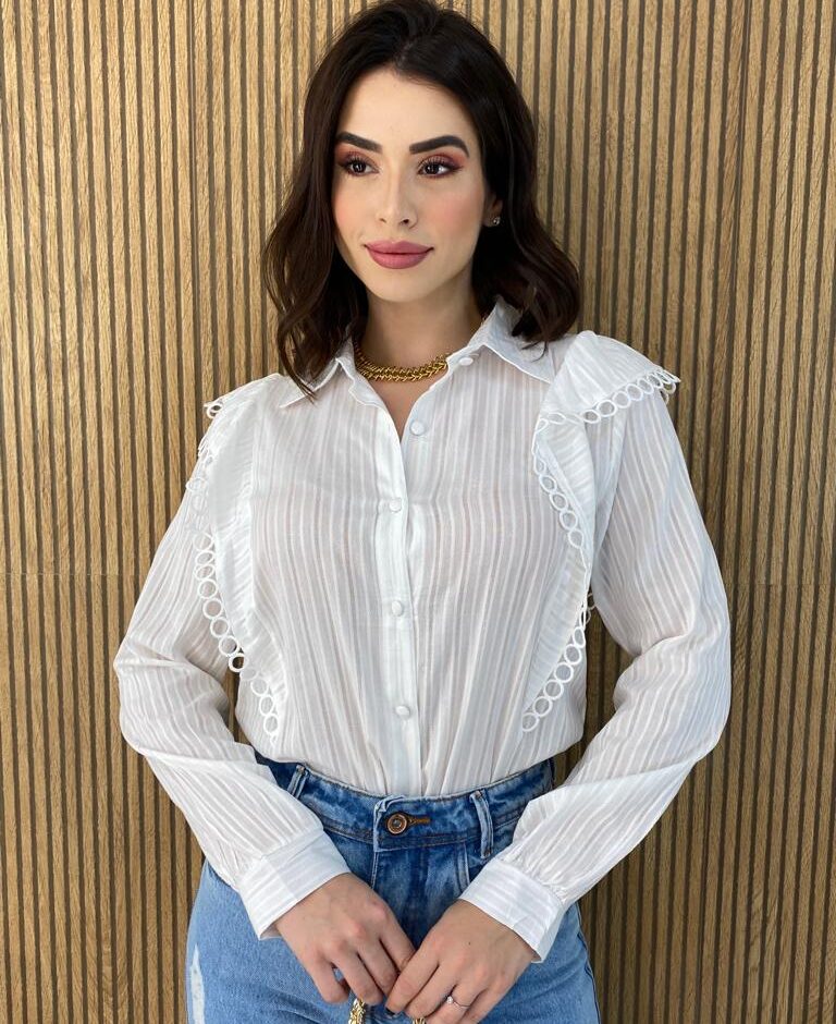 Camisa Feminina Manga Longa Luna com Detalhe Branca - Fernanda Ramos Store