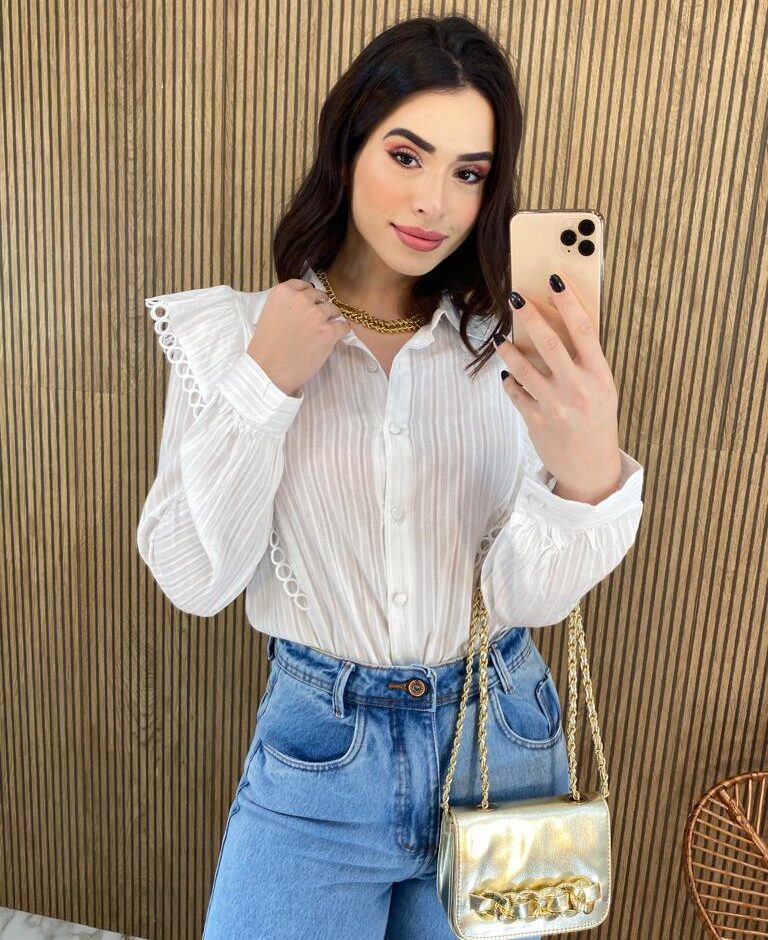Camisa Feminina Manga Longa Luna com Detalhe Branca - Fernanda Ramos Store