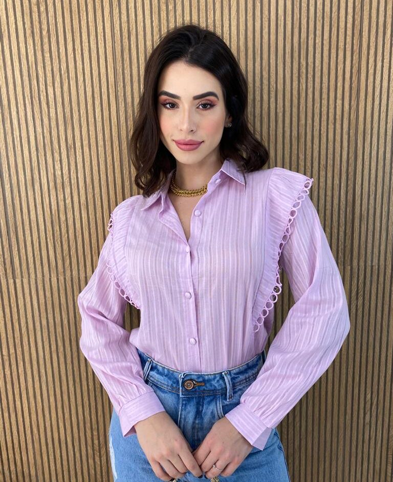 Camisa Feminina Manga Longa Luna com Detalhe Lilás - Fernanda Ramos Store