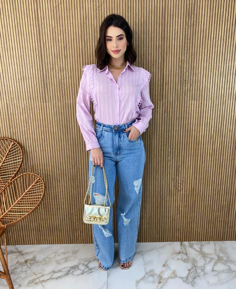 Camisa Feminina Manga Longa Luna com Detalhe Lilás - Fernanda Ramos Store