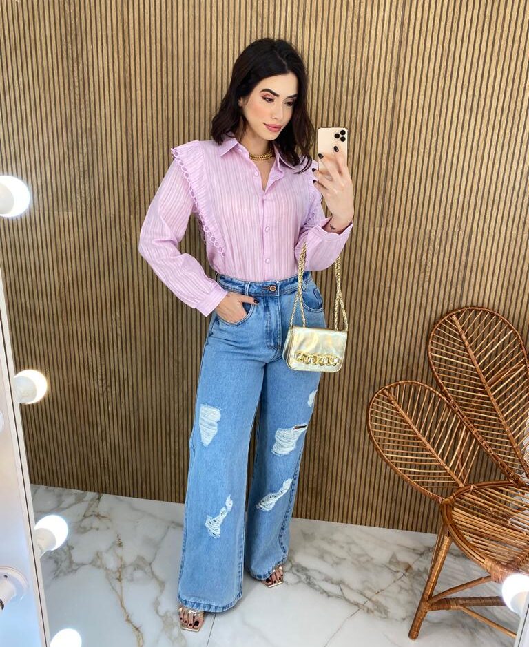 Camisa Feminina Manga Longa Luna com Detalhe Lilás - Fernanda Ramos Store