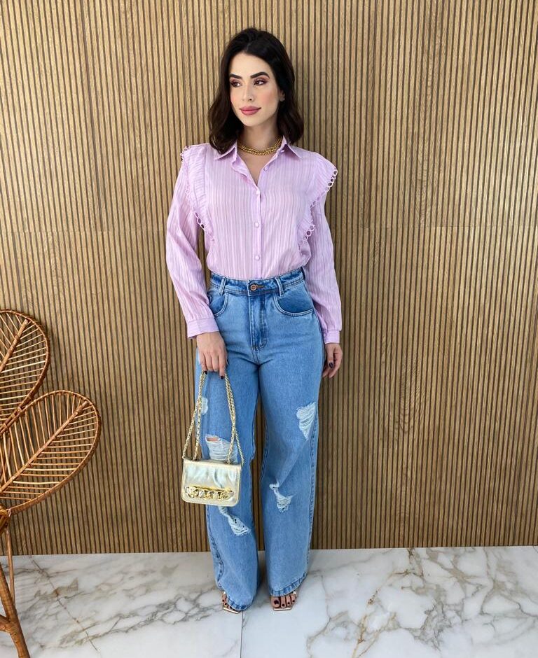 Camisa Feminina Manga Longa Luna com Detalhe Lilás - Fernanda Ramos Store