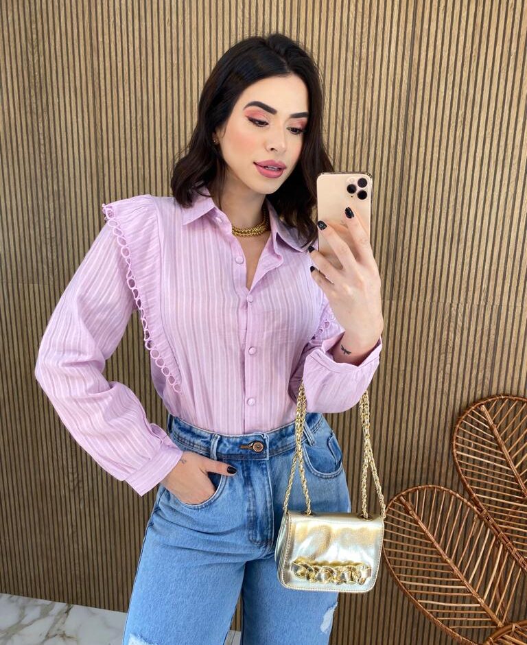 Camisa Feminina Manga Longa Luna com Detalhe Lilás - Fernanda Ramos Store