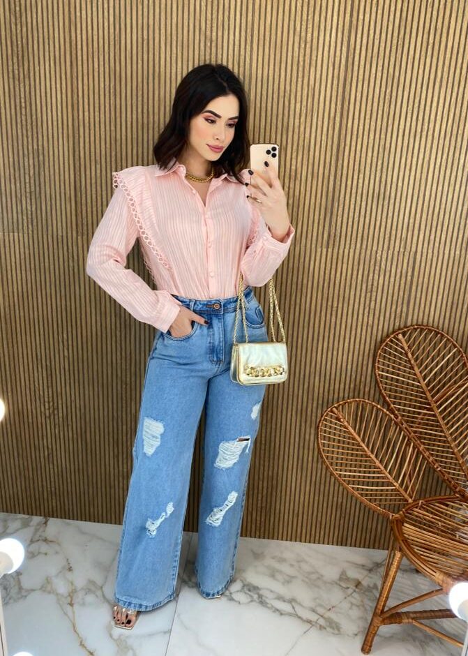 Camisa Feminina Manga Longa Luna com Detalhe Rosa Bebe - Fernanda Ramos Store